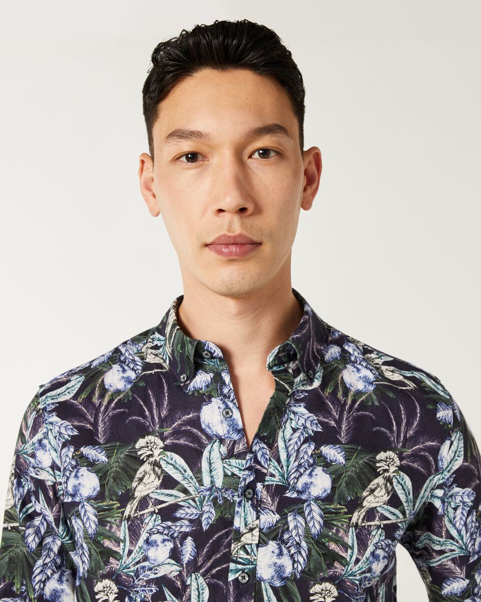 Mens Navy/Green Regular Long Sleeve French Linen Shirt